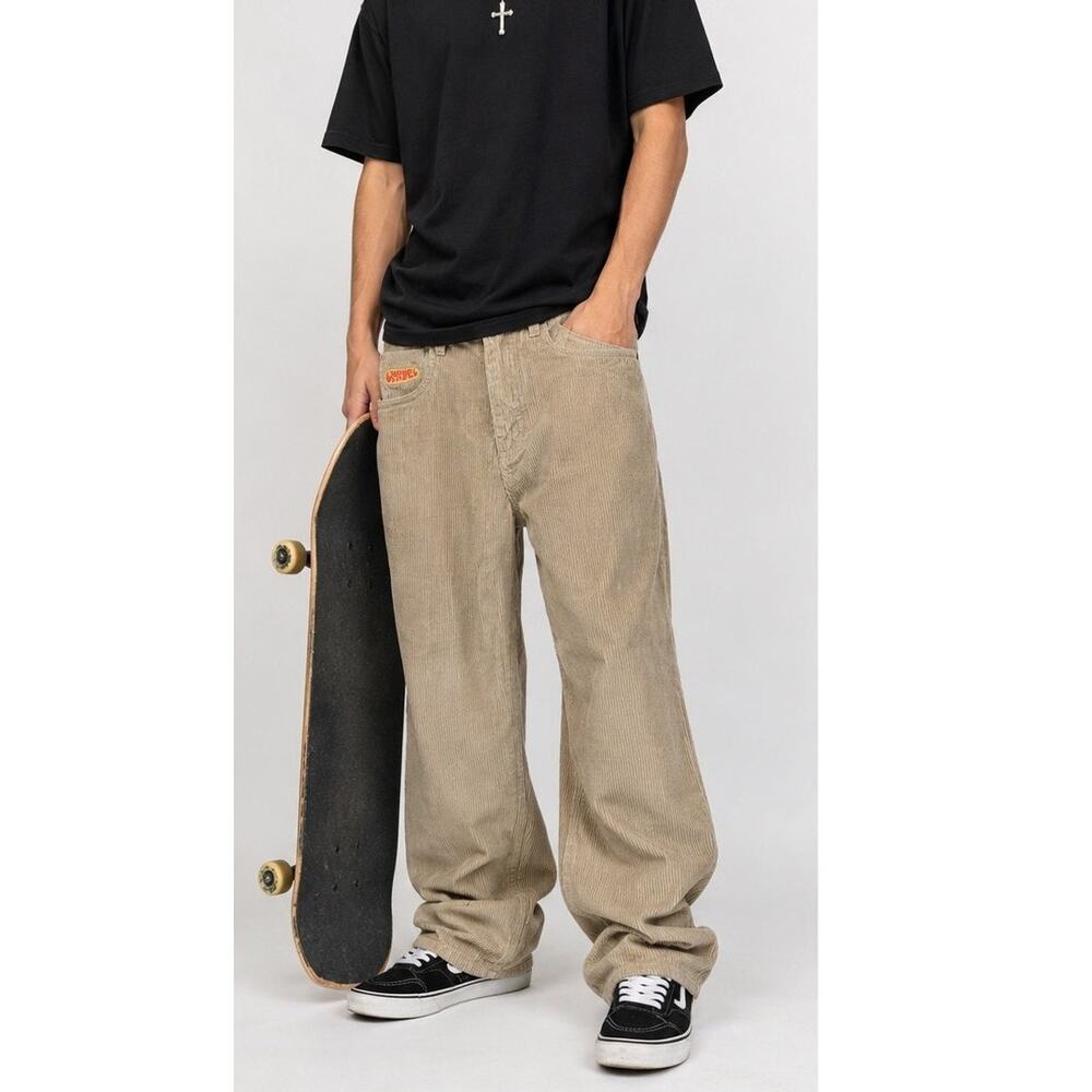 Empyre Men Baggy Corduroy Skate Pants Tan 30 Embroidered Logo Skater Y2K